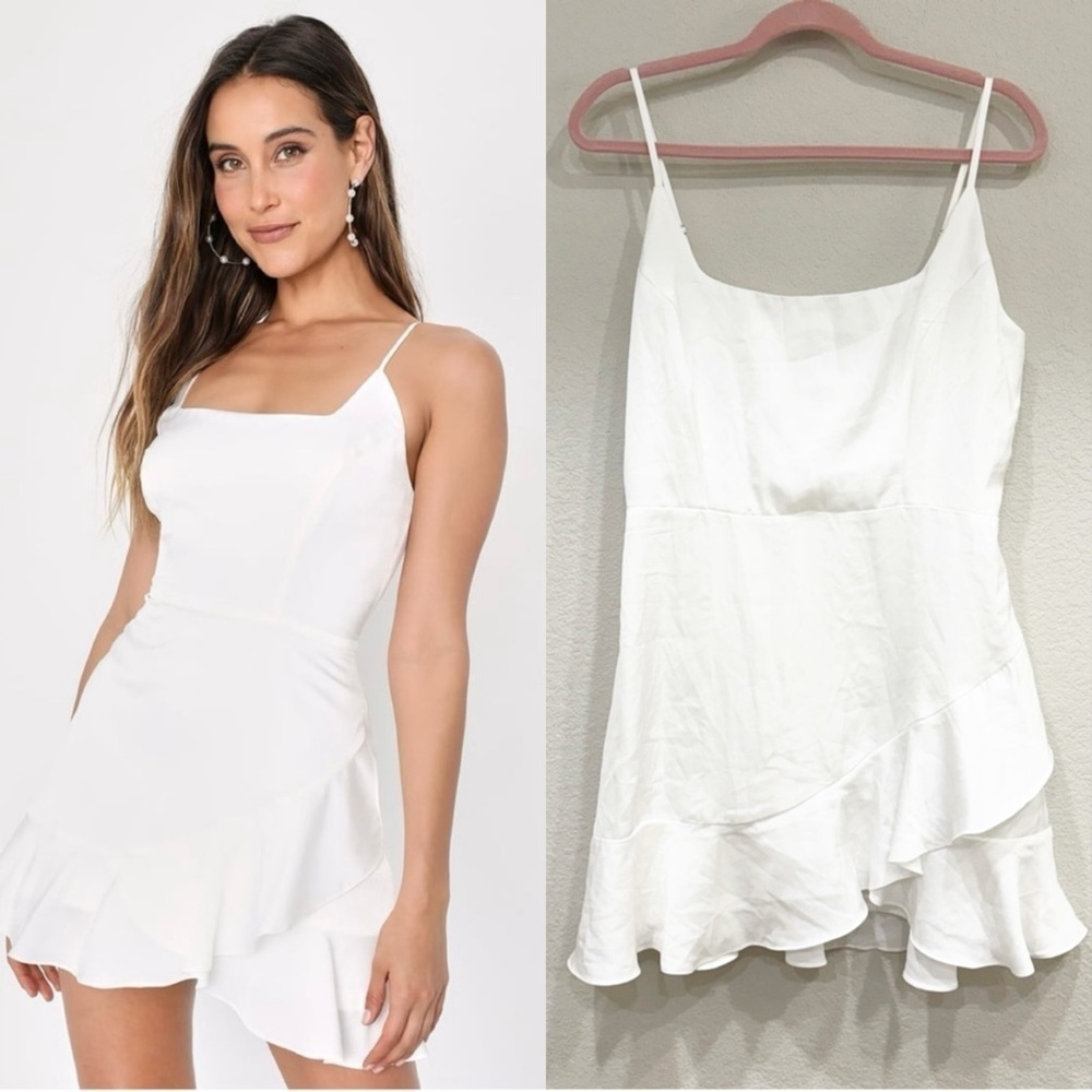 NWOT Lulus Romantic Angel White Satin Square Neck Ruffled Mini‎ Dress